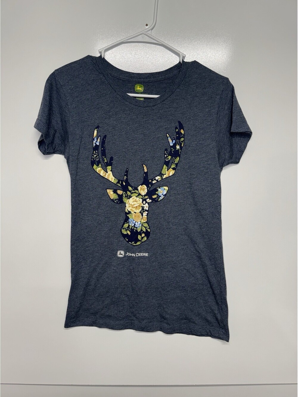 John Deere Tee Shirt Women Small Blue Floral Deer Antlers Short Sleeve Outdoors